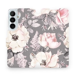 Flip pouzdro na mobil Samsung Galaxy S26 FE - Mobiwear MX06S, květy na šedém pozadí