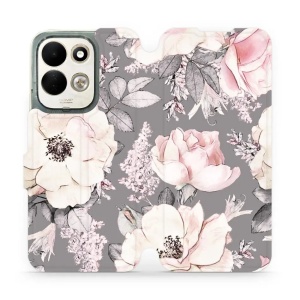 Flip pouzdro na mobil Xiaomi Redmi 17 - Mobiwear MX06S, květy na šedém pozadí