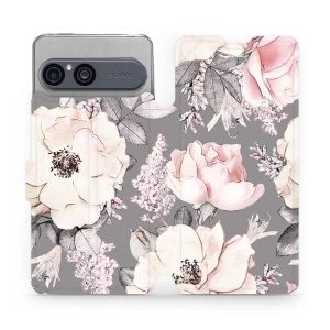 Flip pouzdro na mobil Sony Xperia 10 VII - Mobiwear MX06S, květy na šedém pozadí