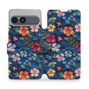 Flip pouzdro na mobil Sony Xperia 10 VII - Mobiwear VB05S, květiny na denimu