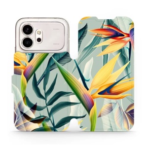 Flip pouzdro na mobil Honor 600 - Mobiwear MC02S, žluté velké květy a zelené listy