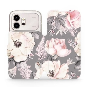Flip pouzdro na mobil Honor 600 - Mobiwear MX06S, květy na šedém pozadí