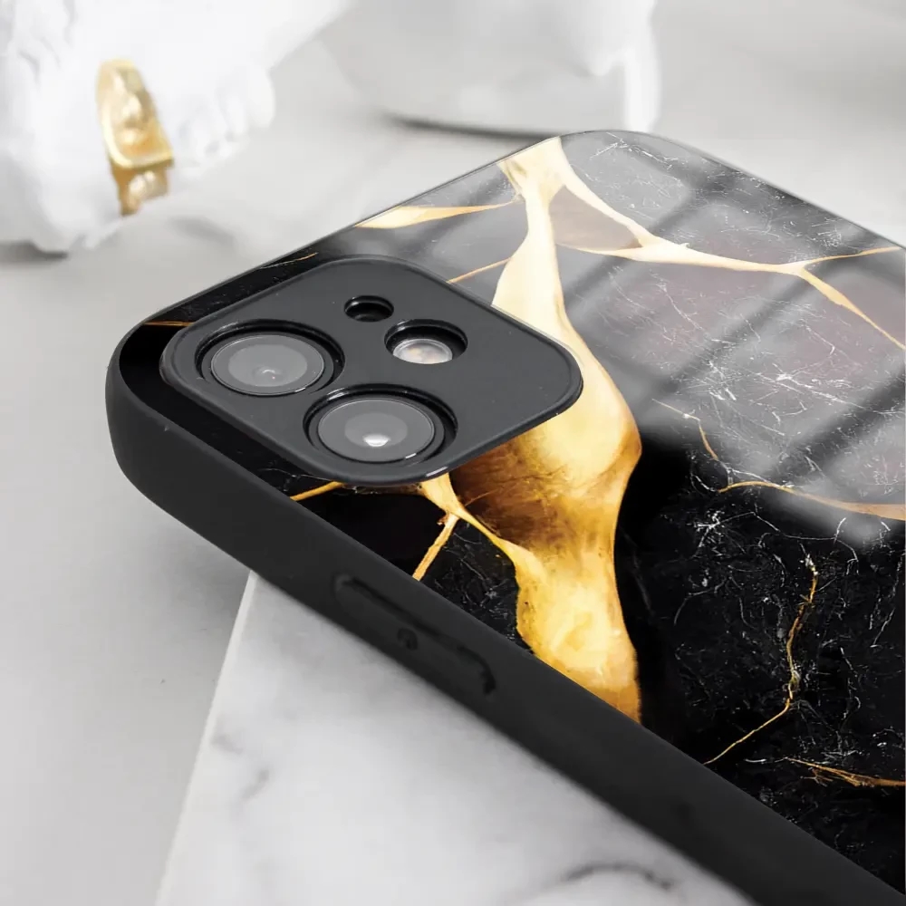 Lesklý kryt Mobiwear Glossy - Apple iPhone 15 Plus - G021G Černý a zlatavý mramor
