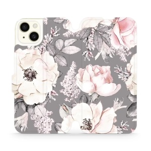 Flipové pouzdro Mobiwear - Apple iPhone 15 Plus - MX06S Květy na šedém pozadí