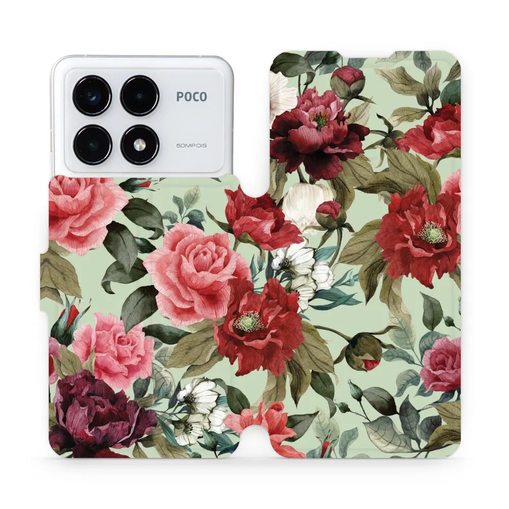 Flipové pouzdro Mobiwear - Xiaomi Poco F6 Pro 5G - MD06P Růže a květy na světle zelené