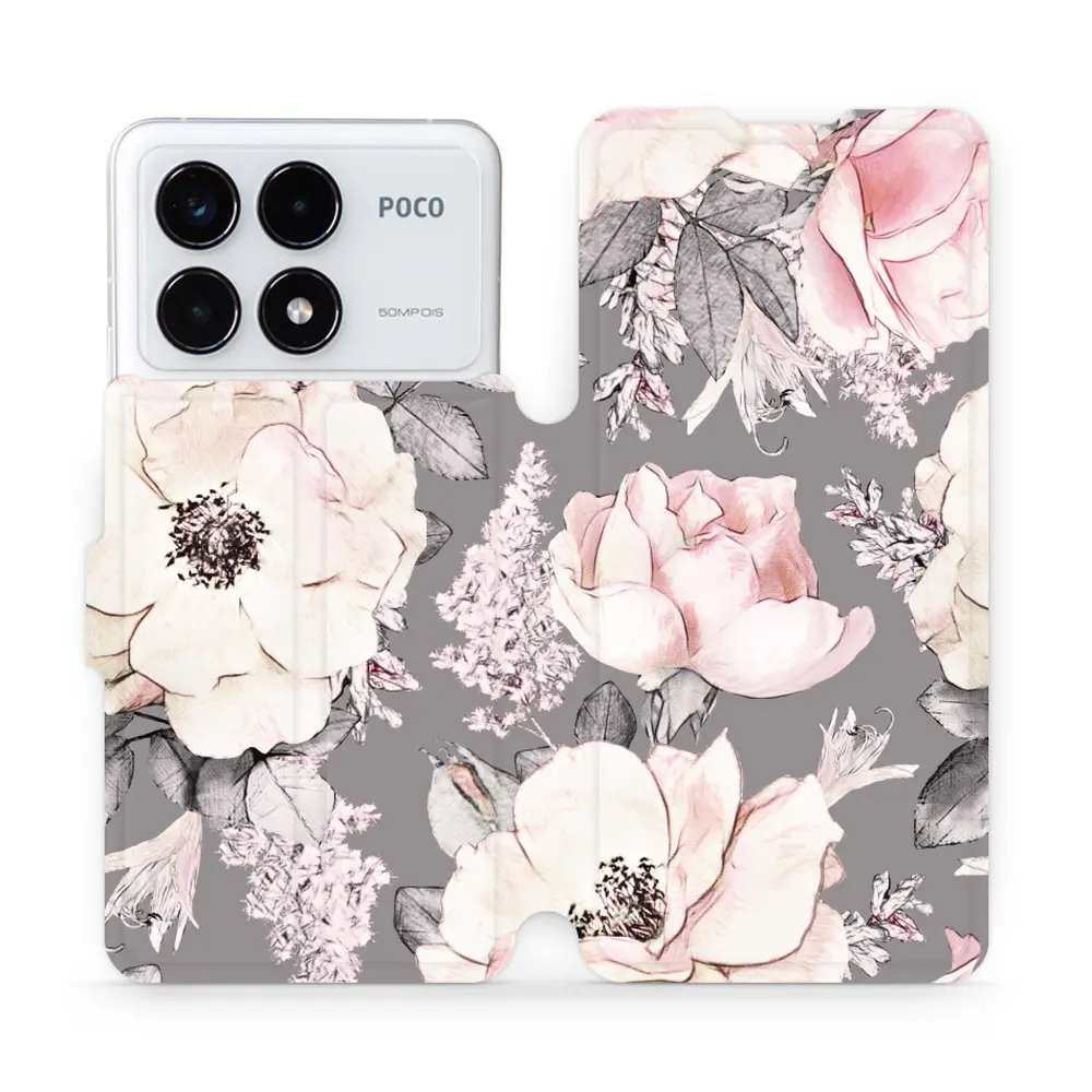 Flipové pouzdro Mobiwear - Xiaomi Poco F6 Pro 5G - MX06S Květy na šedém pozadí