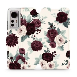 Flip pouzdro na mobil Xiaomi 12 / 12X - Mobiwear VB31S, růže se šalvějí na krémové