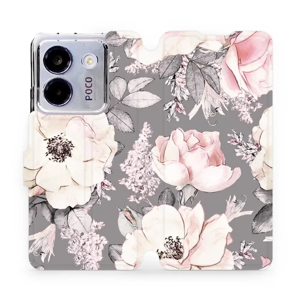 Flipové pouzdro Mobiwear - Xiaomi POCO M7 Pro 5G - MX06S Květy na šedém pozadí