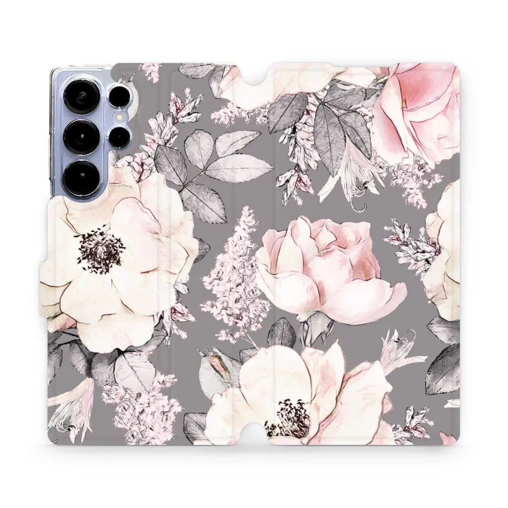 Flipové pouzdro Mobiwear - Samsung Galaxy S25 Ultra - MX06S Květy na šedém pozadí