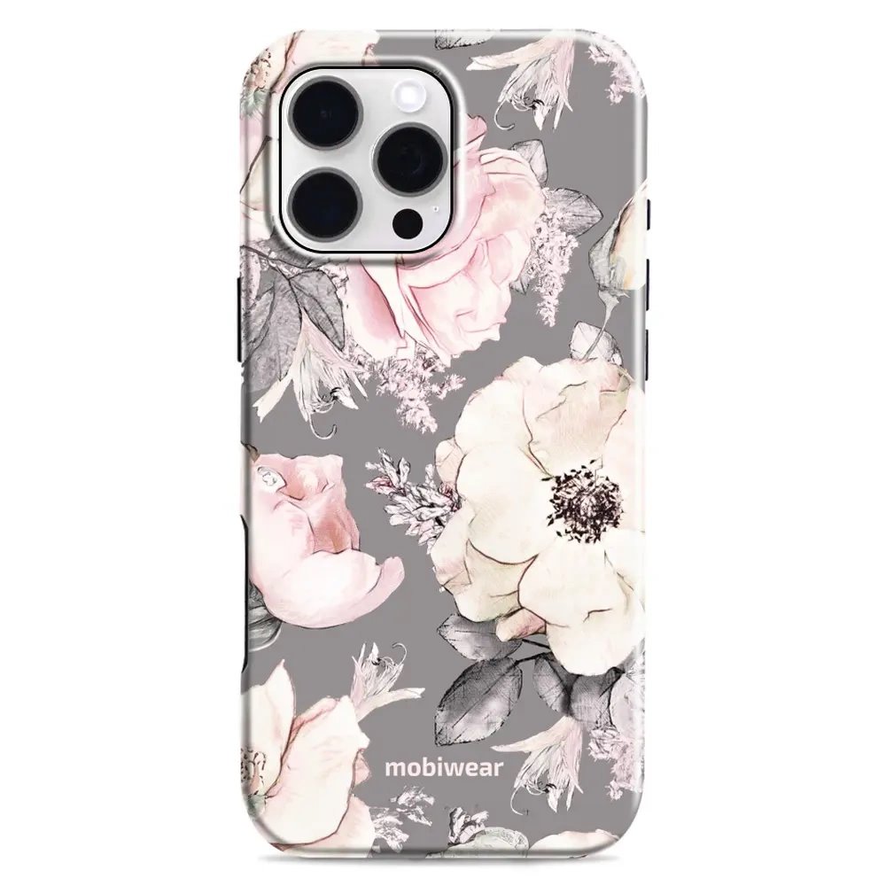 Odolný obal Mobiwear Elite Pro - Apple iPhone 16 Pro Max - EX06E Květy na šedém pozadí - VÝPRODEJ