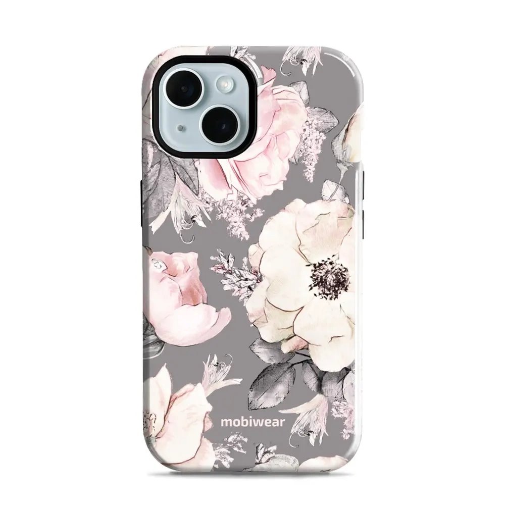 Odolný obal Mobiwear Elite Pro - Apple iPhone 15 - EX06E Květy na šedém pozadí