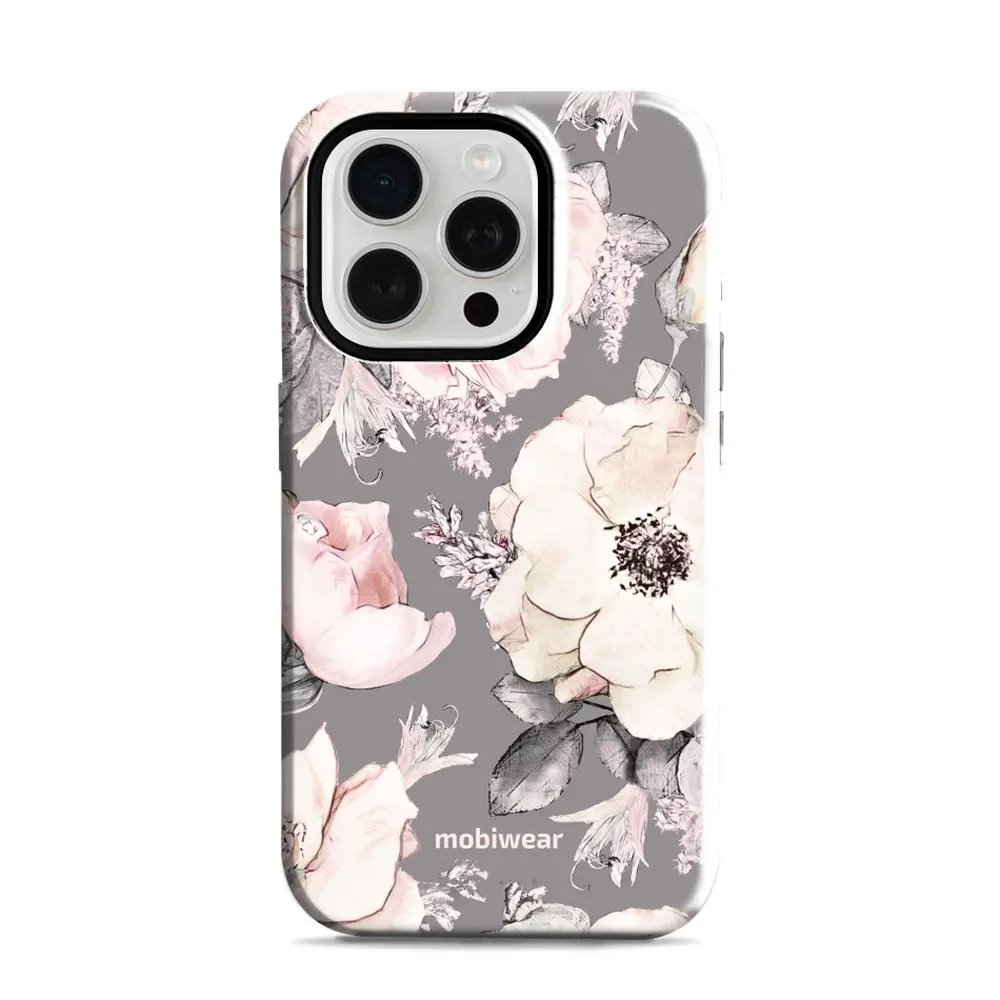 Odolný obal Mobiwear Elite Pro - Apple iPhone 15 Pro - EX06E Květy na šedém pozadí