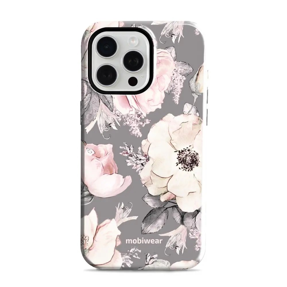 Odolný obal Mobiwear Elite Pro - Apple iPhone 15 Pro Max - EX06E Květy na šedém pozadí