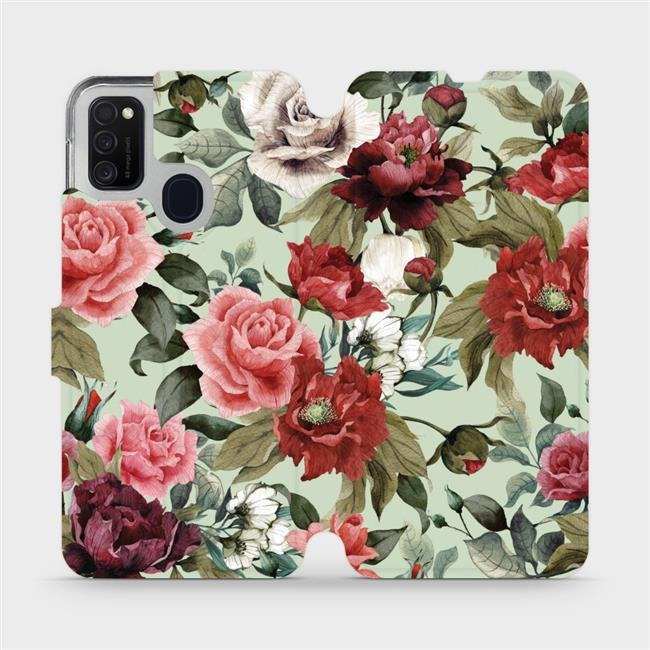 Flipové pouzdro Mobiwear - Samsung Galaxy M21 - MD06P Růže a květy na světle zeleném pozadí