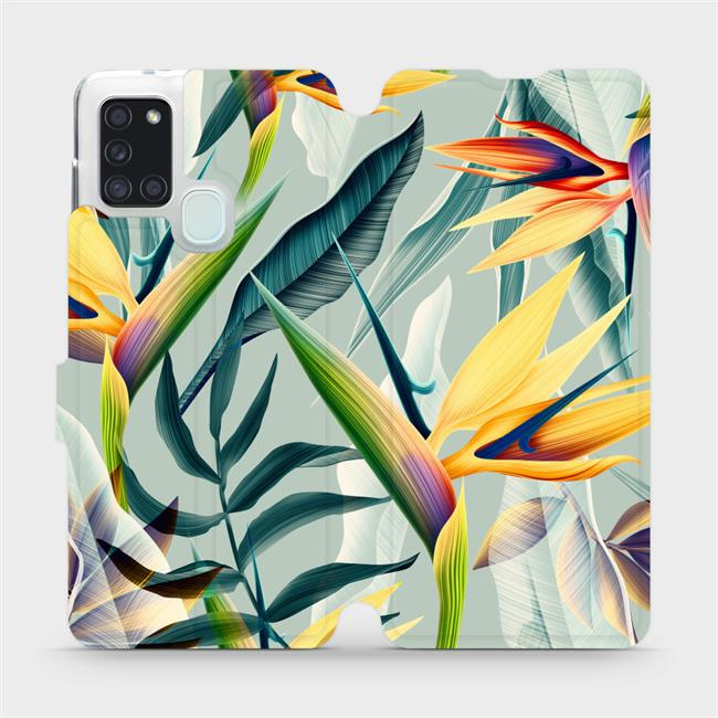 Flipové pouzdro Mobiwear - Samsung Galaxy A21S - MC02S Žluté velké květy a zelené listy
