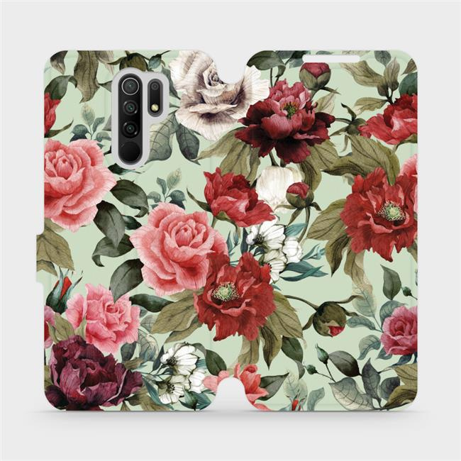 Flipové pouzdro Mobiwear - Xiaomi Redmi 9 - MD06P Růže a květy na světle zeleném pozadí
