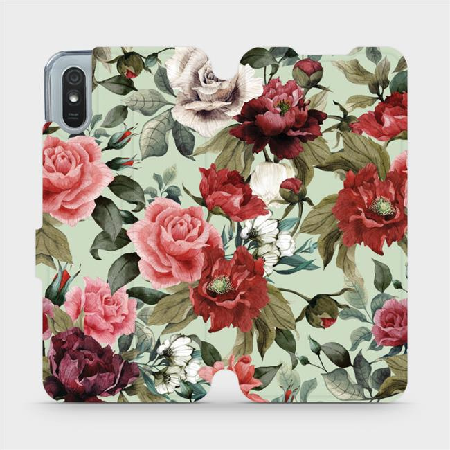 Flipové pouzdro Mobiwear - Xiaomi Redmi 9A / 9AT - MD06P Růže a květy na světle zeleném pozadí
