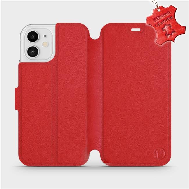 Kožené flip pouzdro Mobiwear - Apple iPhone 12 - Červené - trochu polité saponátem