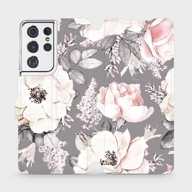 Flipové pouzdro Mobiwear - Samsung Galaxy S21 Ultra 5G - MX06S Květy na šedém pozadí