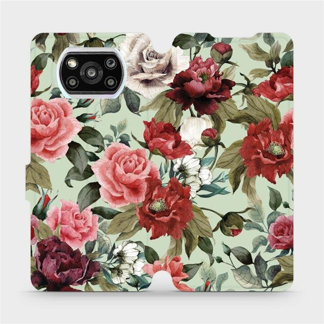 Flipové pouzdro Mobiwear - Xiaomi Poco X3 Pro - MD06P Růže a květy na světle zeleném pozadí