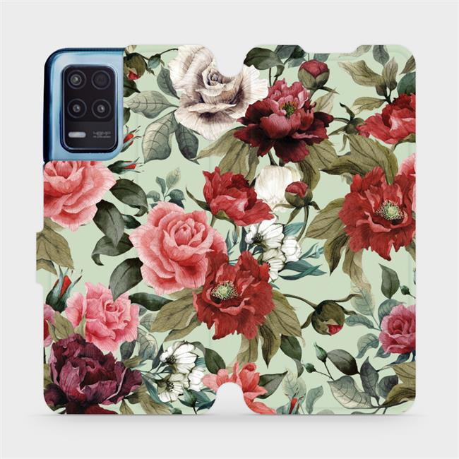 Flipové pouzdro Mobiwear - Realme 8 5G - MD06P Růže a květy na světle zeleném pozadí