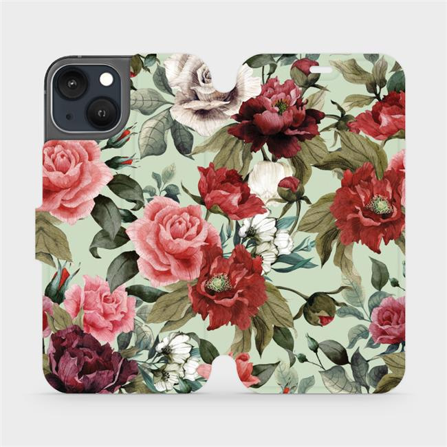 Flipové pouzdro Mobiwear - Apple iPhone 13 - MD06P Růže a květy na světle zeleném pozadí