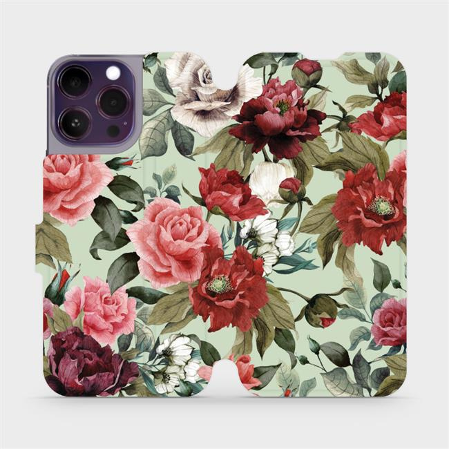 Flipové pouzdro Mobiwear - Apple iPhone 14 Pro Max - MD06P Růže a květy na světle zelené