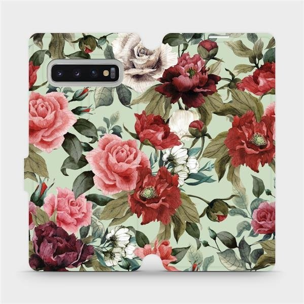 Flipové pouzdro Mobiwear - Samsung Galaxy S10 Plus - MD06P Růže a květy na světle zeleném pozadí