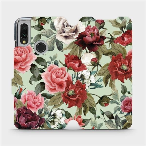 Flipové pouzdro Mobiwear - Xiaomi Redmi 7 - MD06P Růže a květy na světle zeleném pozadí