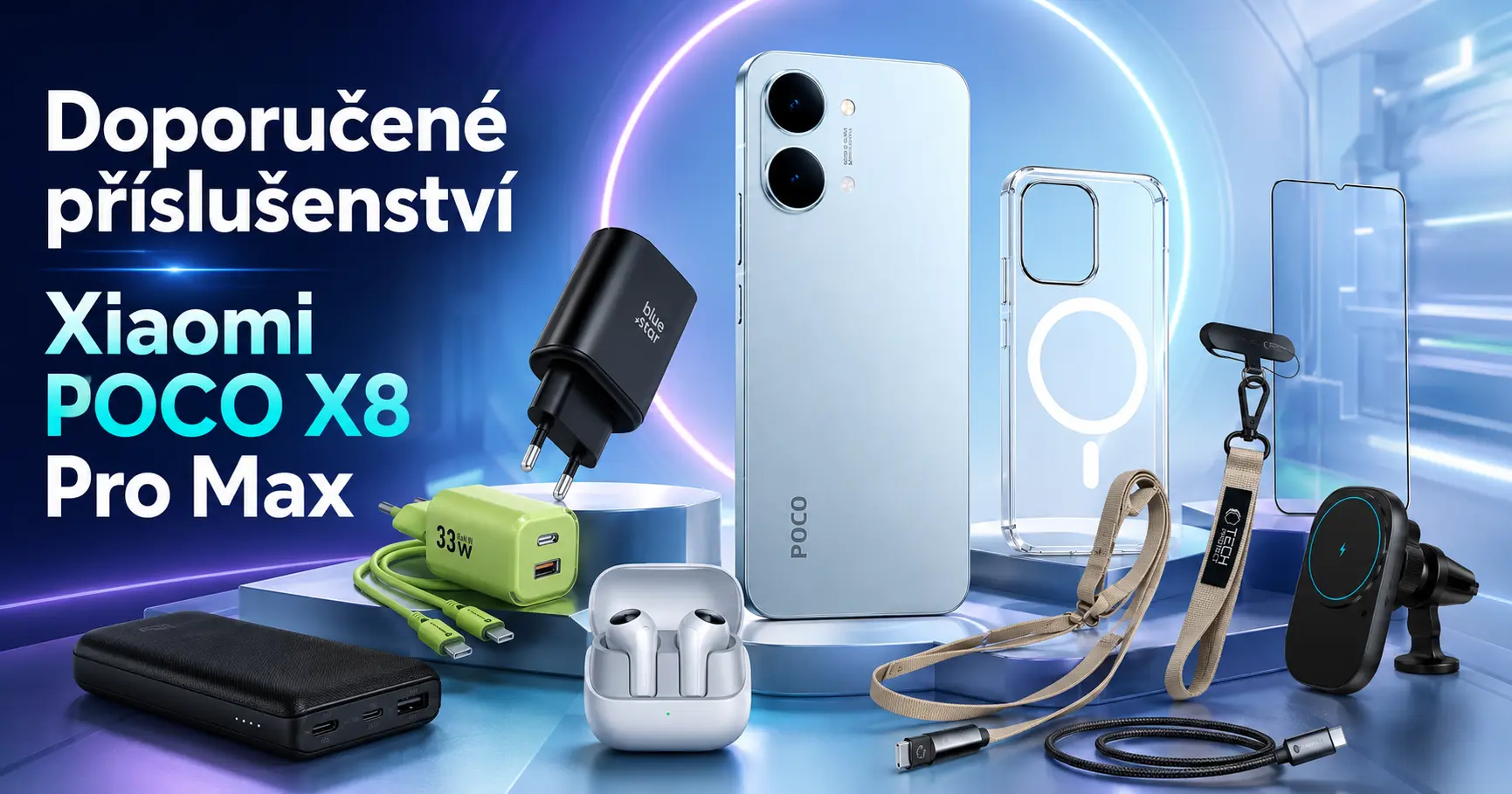 Doporučené příslušenství na POCO X8 Pro Max: nabíječka, ochranné sklo, držák do auta i šňůrka, která zachrání nervy