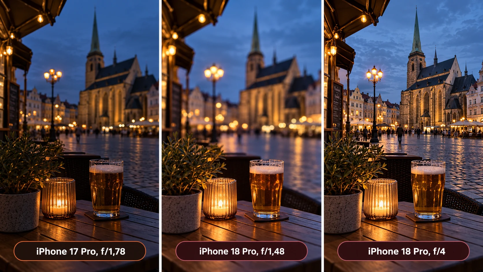 Srovnání večerních fotek z iPhone 17 Pro a iPhone 18 Pro