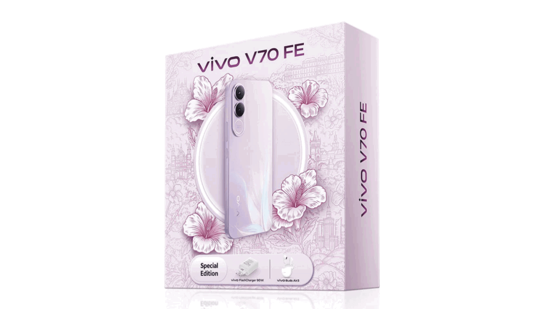 Vivo V70 FE stylová krabička, obsah balení s nabíječkou a sluchátky