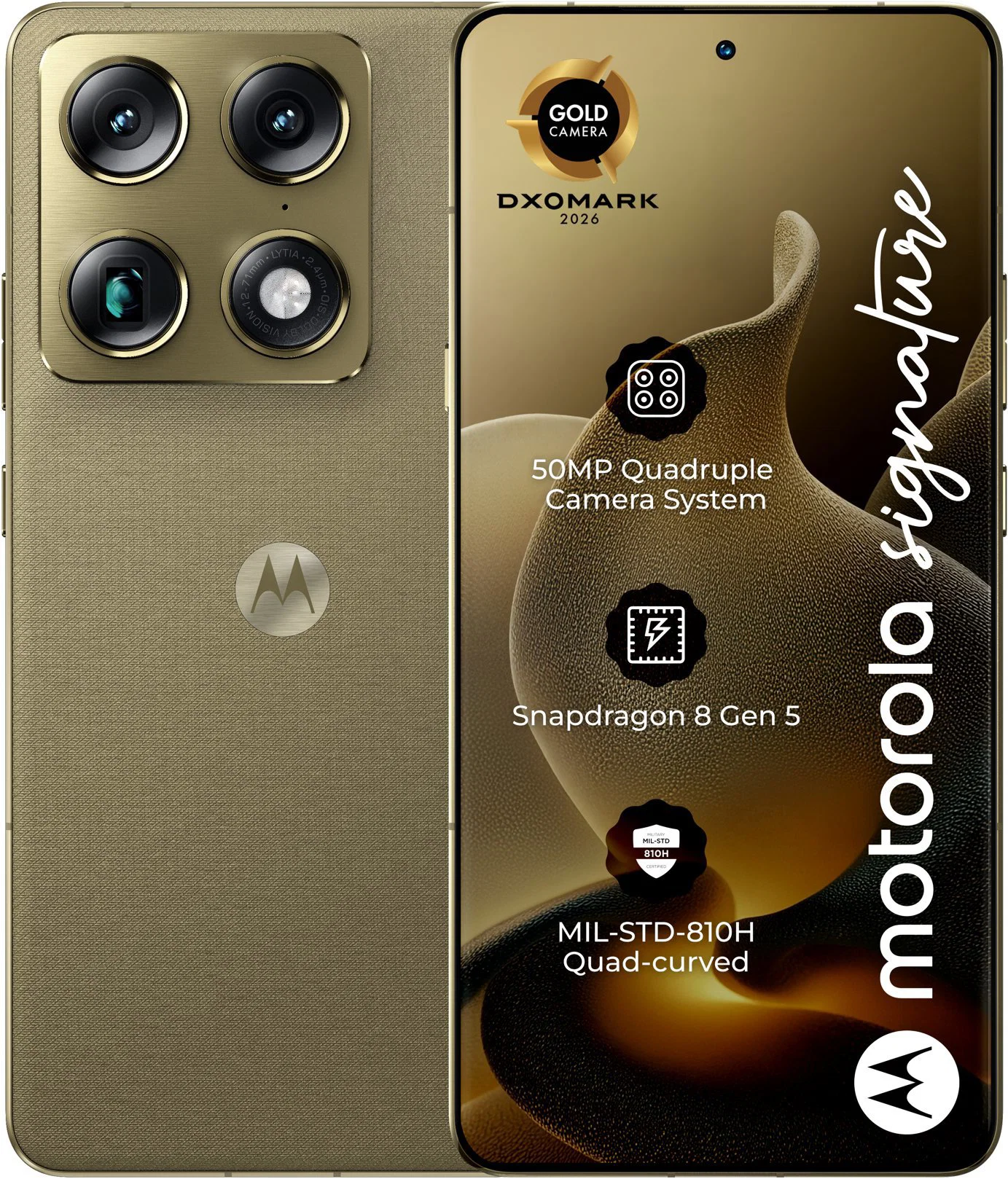 Motorola Signature zepředu a zezadu, design s lnovým textilem a hliníkovým rámem