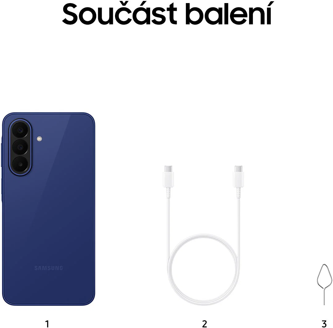 Samsung Galaxy A27 5G obsah balení: telefon, USB-C kabel, manuál a SIM klíček