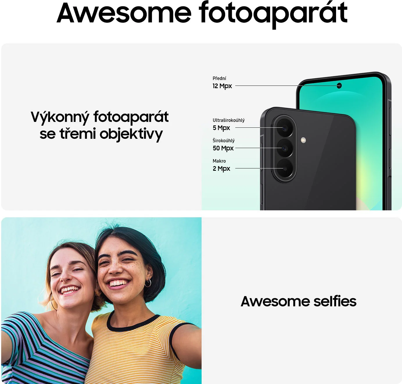 Samsung Galaxy A27 5G fotoaparát, 50Mpx hlavní snímač s OIS a lineárně uspořádané objektivy
