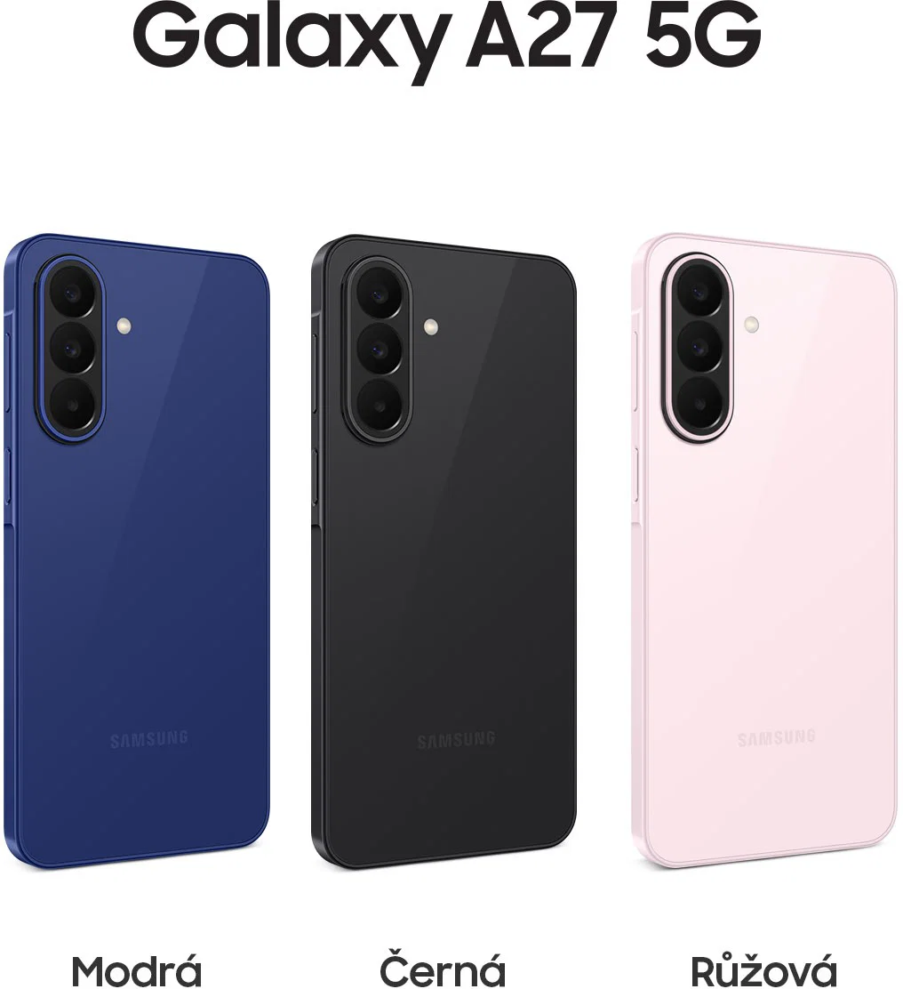 Samsung Galaxy A27 5G ve třech barvách: černá, modrá a světle růžová