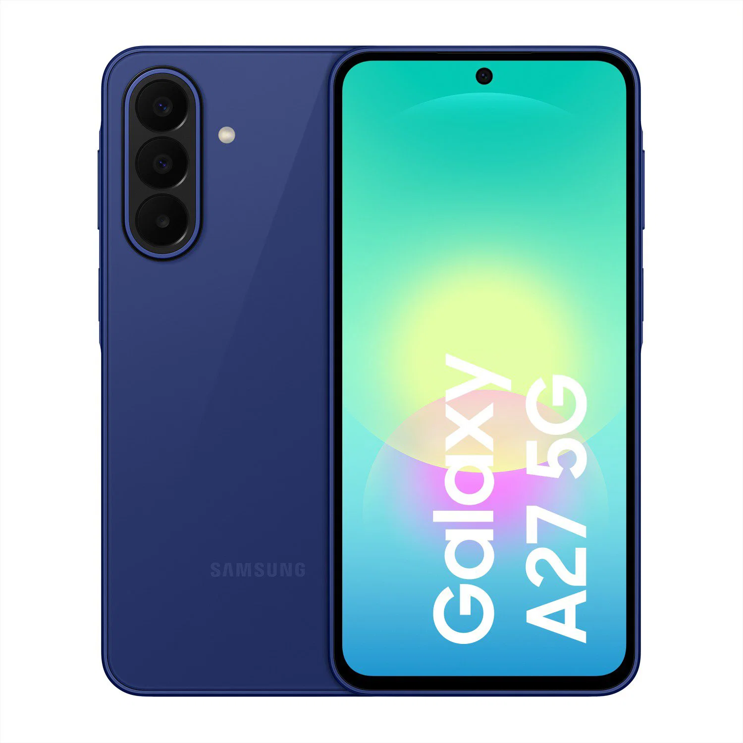 Samsung Galaxy A27 5G zepředu a zezadu, lesklá skleněná záda a tenké tělo 7,8 mm