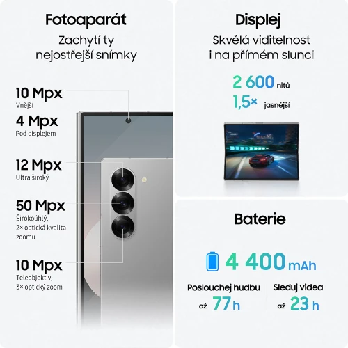 Fotoaparáty Samsung Galaxy Z Fold6 5G, tři snímače na zadní straně