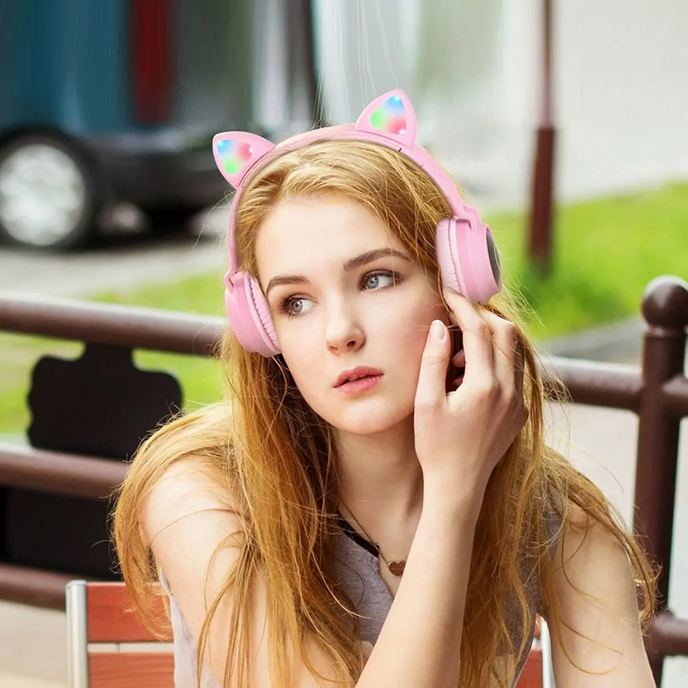 Bezdrátová sluchátka a bluetooth stereo headset HOCO W27 - růžová - kočičí ušiska (6931474718464)