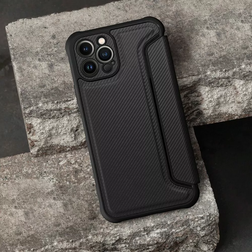 Ultimátní flip pouzdro RAZOR Coolcase Carbon na mobil Apple iPhone 12 Pro černé