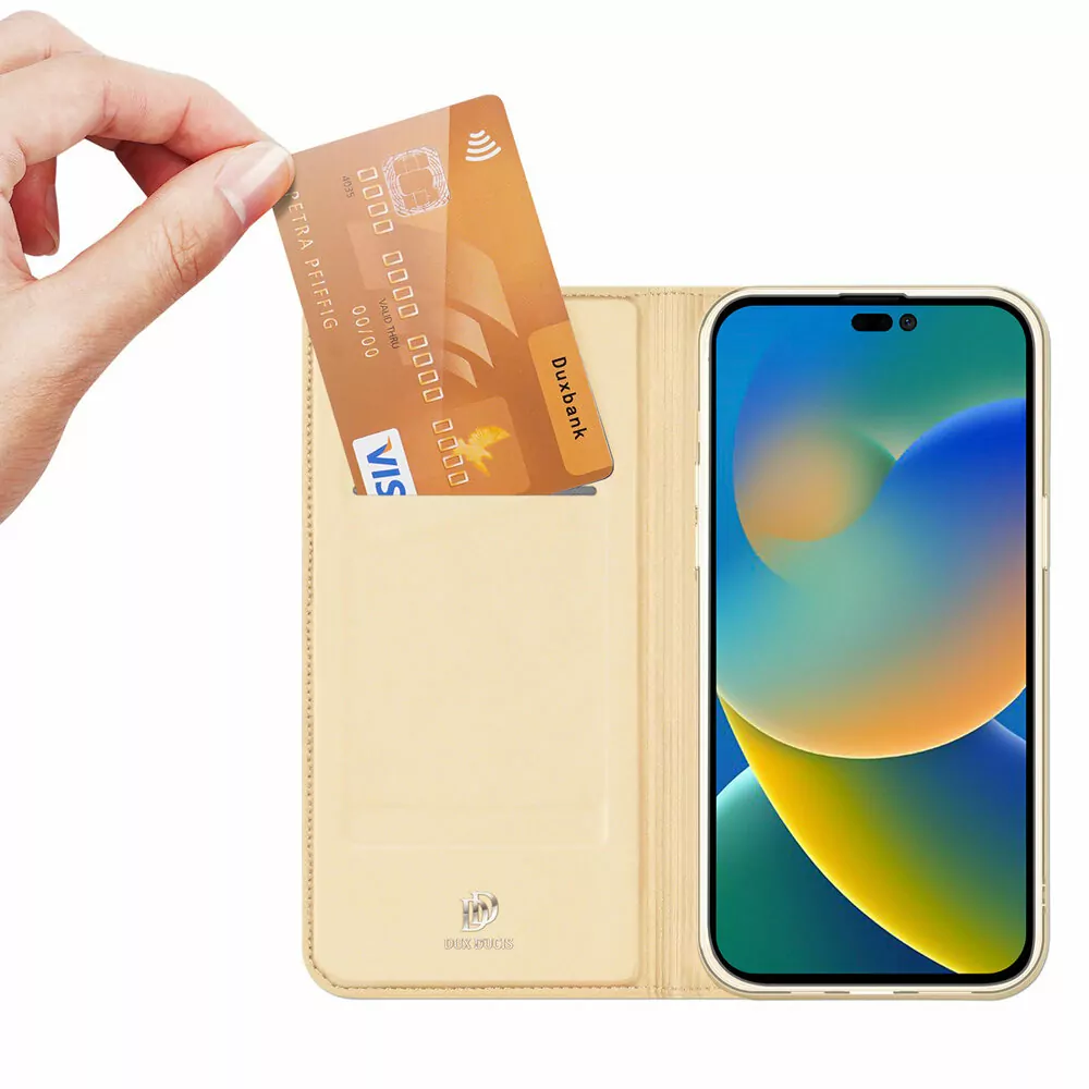 Prémiové flip pouzdro DUX DUCIS SKIN na mobil Apple iPhone 14 Pro Max - zlatavé