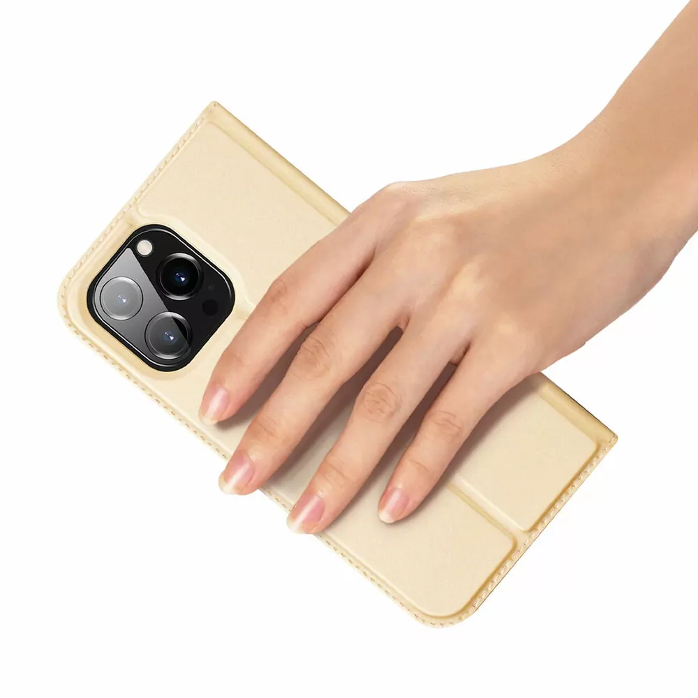 Prémiové flip pouzdro DUX DUCIS SKIN na mobil Apple iPhone 14 Pro Max - zlatavé