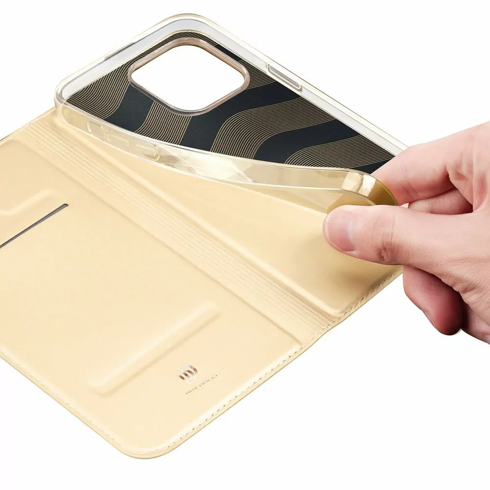 Prémiové flip pouzdro DUX DUCIS SKIN na mobil Apple iPhone 14 Pro Max - zlatavé