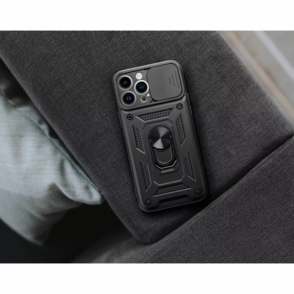 Odolné pouzdro Armor CamShield na mobil Xiaomi Redmi 9A / 9AT černé s krytkou fotoaprátů a stojánkem