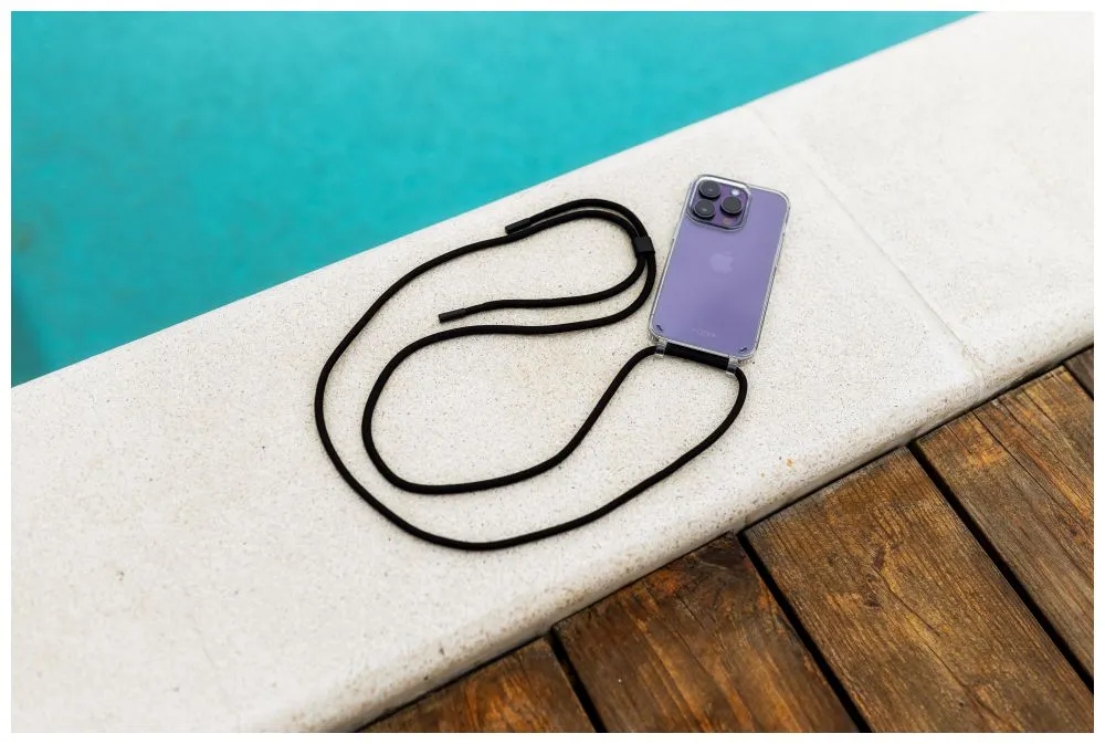 Pevné silikonové pouzdro FIXED Pure Neck Crossbody na mobil Apple iPhone 15 Pro s popruhem přes rameno - čiré - růžová šňůrka