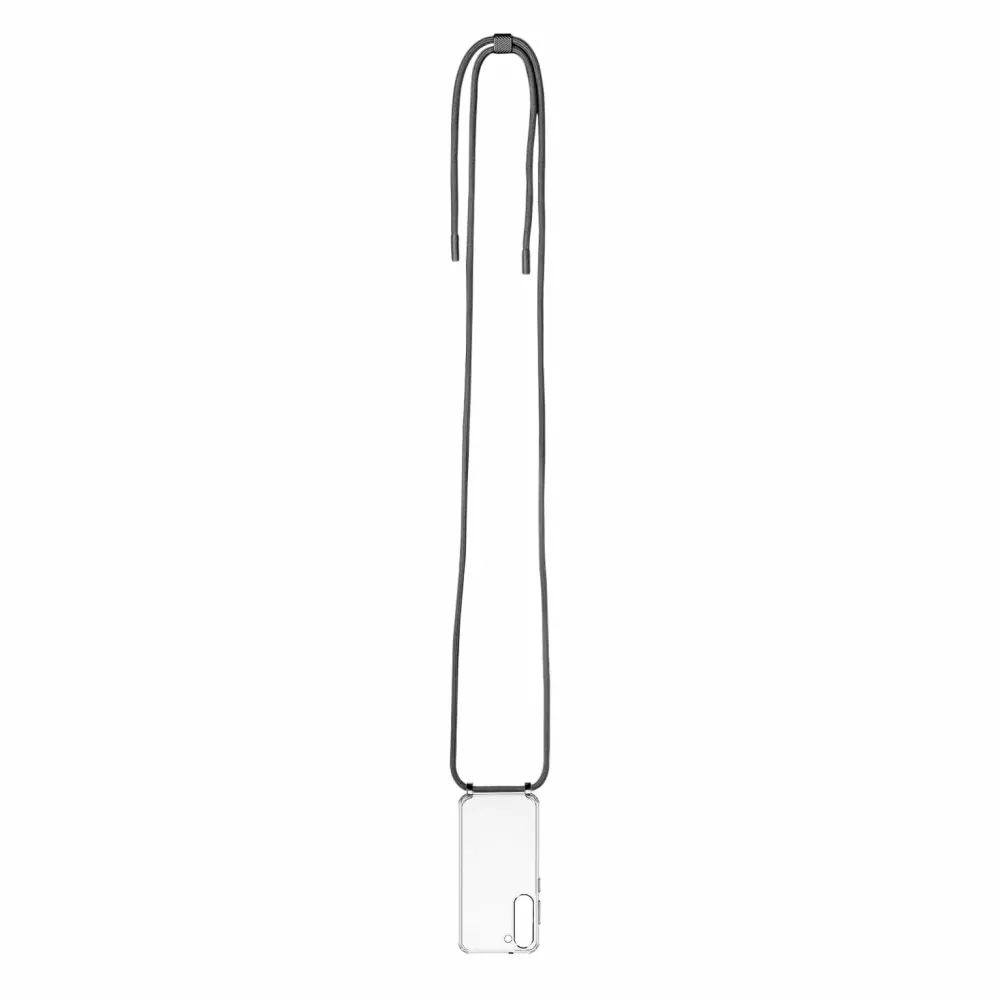 Pevné silikonové pouzdro FIXED Pure Neck Crossbody na mobil Samsung Galaxy S24 s popruhem přes rameno - čiré - černá šňůrka