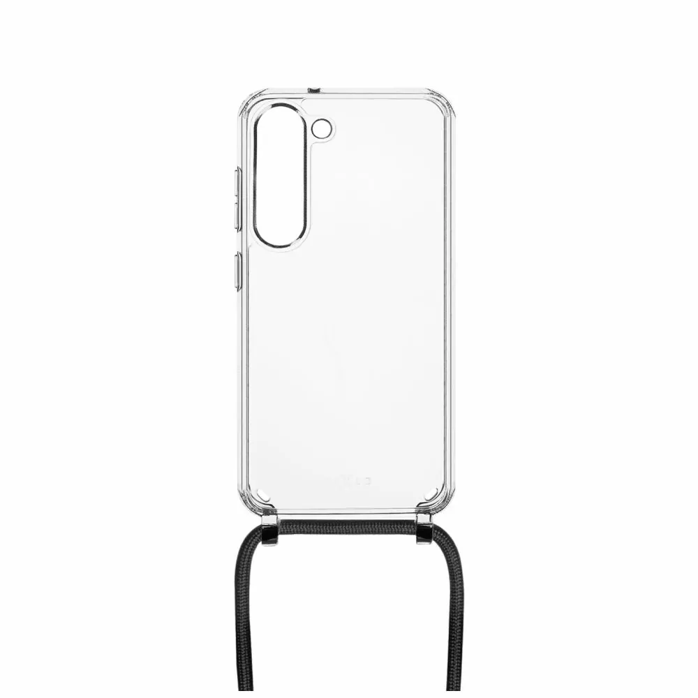 Pevné silikonové pouzdro FIXED Pure Neck Crossbody na mobil Samsung Galaxy S24 s popruhem přes rameno - čiré - černá šňůrka