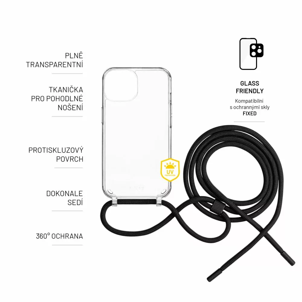 Pevné silikonové pouzdro FIXED Pure Neck Crossbody na mobil Samsung Galaxy S24 s popruhem přes rameno - čiré - černá šňůrka