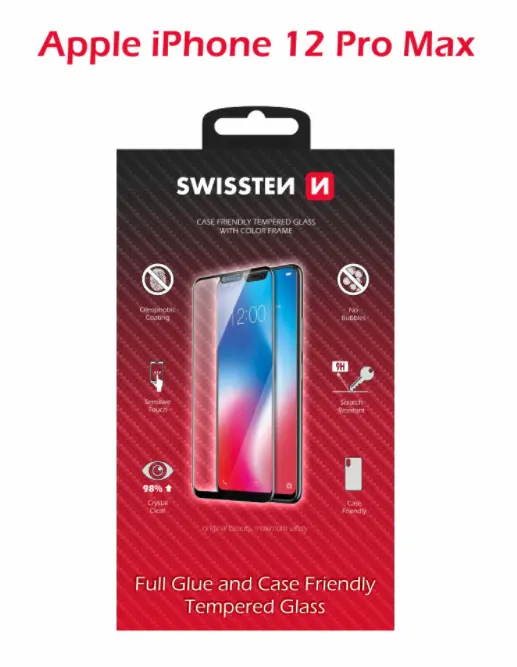 Ochranné sklo SWISSTEN FULL GLUE na celý displej Apple iPhone 12 Pro Max černé, case friendly