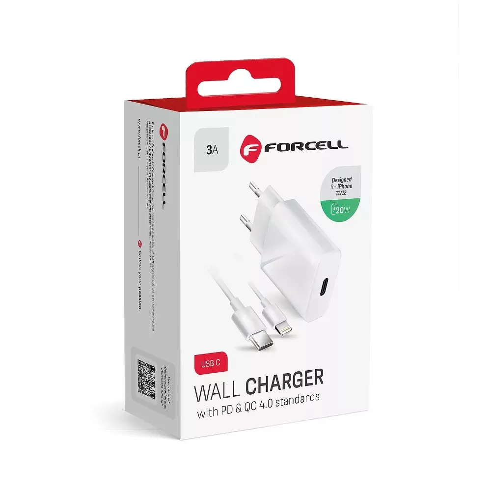 Rozpojitelná rychlá nabíječka do sítě FORCELL s konektorem Apple Lightning 3A 20W QC 4.0 pro iPhone 12